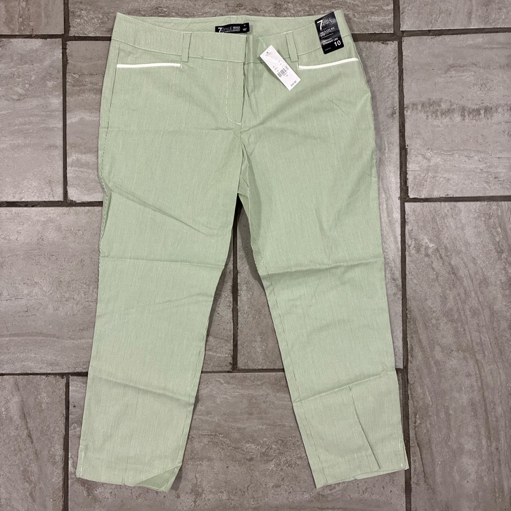 7th Avenue New York & Company Light Green Stretch Chino Pants White Trim Size 10